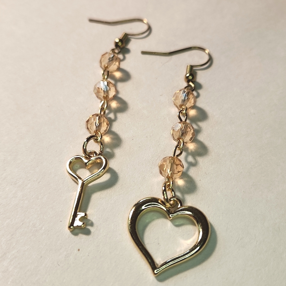 Handmade Key to My Heart Dangle Earrings 14k Gold Plated - Picture 4 of 7